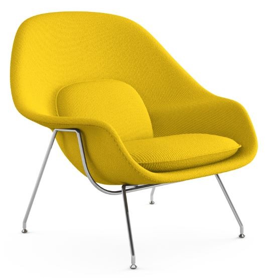 fauteuil womb tissu jaune pietement chrome avec coussins knoll eero saarinen